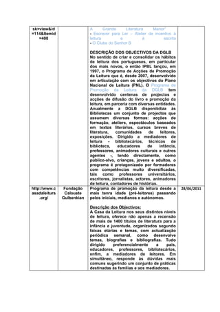 sk=view&id                  A       Grande    Literatura    Menor"
=114&Itemid                 - Escrever para Ler – Atelier de incentivo à
   =400                     leitura         e           à         escrita
                            - O Clube do Senhor B

                            DESCRIÇÃO DOS OBJECTIVOS DA DGLB
                            No sentido de criar e consolidar os hábitos
                            de leitura dos portugueses, em particular
                            dos mais novos, o então IPBL lançou, em
                            1997, o Programa de Acções de Promoção
                            da Leitura que é, desde 2007, desenvolvido
                            em articulação com os objectivos do Plano
                            Nacional de Leitura (PNL). O Programa de
                            Promoção da Leitura da DGLB tem
                            desenvolvido centenas de projectos e
                            acções de difusão do livro e promoção da
                            leitura, em parceria com diversas entidades.
                            Anualmente a DGLB disponibiliza às
                            Bibliotecas um conjunto de projectos que
                            assumem diversas formas: acções de
                            formação, ateliers, espectáculos baseados
                            em textos literários, cursos breves de
                            literatura,   comunidades      de     leitores,
                            exposições. Dirigido a mediadores de
                            leitura - bibliotecários, técnicos de
                            biblioteca,     educadores     de    infância,
                            professores, animadores culturais e outros
                            agentes -, tendo directamente, como
                            público-alvo, crianças, jovens e adultos, o
                            programa é protagonizado por formadores
                            com competências muito diversificadas,
                            tais como professores universitários,
                            escritores, jornalistas, actores, animadores
                            de leitura, contadores de histórias.
http://www.c   Fundação     Programa de promoção da leitura desde a           28/06/2011
asadaleitura    Calouste    mais tenra idade (pré-leitores) passando
    .org/      Gulbenkian   pelos iniciais, medianos e autónomos.

                            Descrição dos Objectivos:
                            A Casa da Leitura nos seus distintos níveis
                            de leitura, oferece não apenas a recensão
                            de mais de 1400 títulos de literatura para a
                            infância e juventude, organizados segundo
                            faixas etárias e temas, com actualização
                            periódica semanal, como desenvolve
                            temas, biografias e bibliografias. Tudo
                            dirigido    preferencialmente     a    pais,
                            educadores, professores, bibliotecários,
                            enfim, a mediadores de leitores. Em
                            simultâneo, responde às dúvidas mais
                            comuns sugerindo um conjunto de práticas
                            destinadas às famílias e aos mediadores.
 