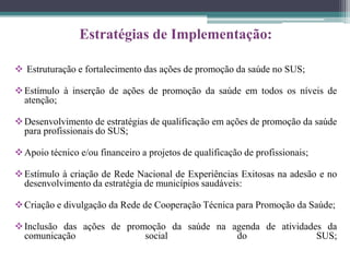 Estratégias de Implementação:

 Estruturação e fortalecimento das ações de promoção da saúde no SUS;

 Estímulo à inserção de ações de promoção da saúde em todos os níveis de
  atenção;

 Desenvolvimento de estratégias de qualificação em ações de promoção da saúde
  para profissionais do SUS;

 Apoio técnico e/ou financeiro a projetos de qualificação de profissionais;

 Estímulo à criação de Rede Nacional de Experiências Exitosas na adesão e no
  desenvolvimento da estratégia de municípios saudáveis:

 Criação e divulgação da Rede de Cooperação Técnica para Promoção da Saúde;

 Inclusão das ações de promoção da saúde na agenda de atividades da
  comunicação               social            do                SUS;
 