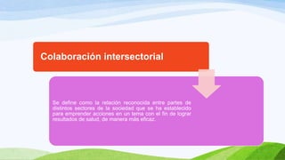 Colaboración intersectorial

Se define como la relación reconocida entre partes de
distintos sectores de la sociedad que se ha establecido
para emprender acciones en un tema con el fin de lograr
resultados de salud, de manera más eficaz.

 