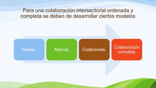 Para una colaboración intersectorial ordenada y
completa se deben de desarrollar ciertos modelos

Redes.

Alianza.

Coaliciones.

Colaboración
completa.

 