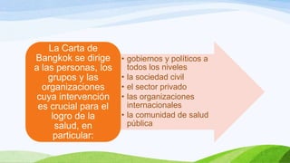 La Carta de
Bangkok se dirige
a las personas, los
grupos y las
organizaciones
cuya intervención
es crucial para el
logro de la
salud, en
particular:

• gobiernos y políticos a
todos los niveles
• la sociedad civil
• el sector privado
• las organizaciones
internacionales
• la comunidad de salud
pública

 