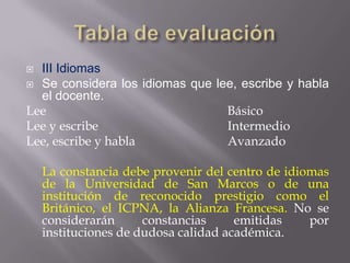  III Idiomas
 Se considera los idiomas que lee, escribe y habla
  el docente.
Lee                              Básico
Lee y escribe                    Intermedio
Lee, escribe y habla             Avanzado

    La constancia debe provenir del centro de idiomas
    de la Universidad de San Marcos o de una
    institución de reconocido prestigio como el
    Británico, el ICPNA, la Alianza Francesa. No se
    considerarán      constancias     emitidas    por
    instituciones de dudosa calidad académica.
 