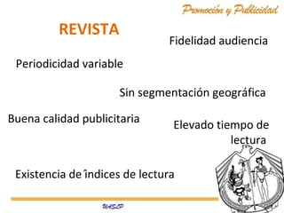 REVISTA

Fidelidad audiencia

Periodicidad variable
Sin segmentación geográfica
Buena calidad publicitaria

Elevado tiempo de
lectura

Existencia de índices de lectura

 