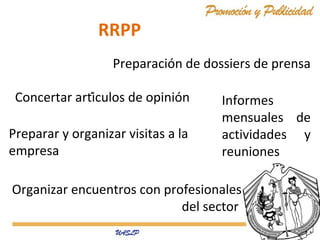 RRPP
Preparación de dossiers de prensa
Concertar artículos de opinión
Preparar y organizar visitas a la
empresa

Informes
mensuales de
actividades y
reuniones

Organizar encuentros con profesionales
del sector

 