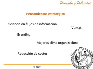 Pensamientos estratégico
Eficiencia en flujos de información

Ventas

Branding
Mejoras clima organizacional
Reducción de costes

 
