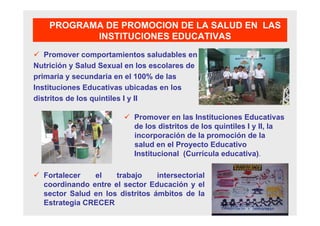 Promover comportamientos saludables en
Nutrición y Salud Sexual en los escolares de
primaria y secundaria en el 100% de las
Instituciones Educativas ubicadas en los
distritos de los quintiles I y II
PROGRAMA DE PROMOCION DE LA SALUD EN LAS
INSTITUCIONES EDUCATIVAS
Promover en las Instituciones Educativas
de los distritos de los quintiles I y II, la
incorporación de la promoción de la
salud en el Proyecto Educativo
Institucional (Currícula educativa).
Fortalecer el trabajo intersectorial
coordinando entre el sector Educación y el
sector Salud en los distritos ámbitos de la
Estrategia CRECER
 