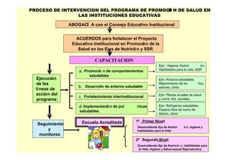 PROCESO DE INTERVENCION DEL PROGRAMA DE PROMOCIÓ N DE SALUD EN
LAS INSTITUCIONES EDUCATIVAS
Escuela Acreditada
ABOGACÍ A con el Consejo Educativo Institucional
Ejecución
de las
líneas de
acción del
programa:
Seguimiento
y
monitoreo
ACUERDOS para fortalecer el Proyecto
Educativo Institucional en Promoción de la
Salud en los Ejes de Nutrición y SSR
a. Promoció n de comportamientos
saludables
c. Fortalecimiento interinstitucional
b. Desarrollo de entorno saludable
Ejm: Planes anuales de salud
y coord. Act. sociales.
Ejm: Kioscos saludables,
Mejoramiento de ba ños,
salones, otros.
Ejm: Higiene, Nutrici ón,
Habilidades para la vida, SSR
Ejm: Refrigerios saludables,
Espacio libre de humo de
tabaco, otros.
1º Primer Nivel:
Desarrollando Eje de Nutrici ó n, higiene y
habilidades para la Vida
d. Implementación de pol íticas
saludables
CAPACITACION
2º Segundo Nivel:
Desarrollando Eje de Nutrició n, habilidades para
la Vida, higiene y Salud sexual Reproductiva
 