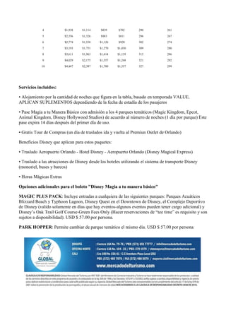 4           $1,938    $1,114    $839      $702       290             261
             5           $2,356    $1,326    $983      $811       296             267
             6           $2,774    $1,538   $1,126     $920       302             274
             7           $3,193    $1,751   $1,270    $1,030      309             280
             8           $3,611    $1,963   $1,414    $1,139      315             286
             9           $4,029    $2,175   $1,557    $1,248      321             292
            10           $4,447    $2,387   $1,700    $1,357      327             299




Servicios incluidos:

• Alojamiento por la cantidad de noches que figura en la tabla, basado en temporada VALUE.
APLICAN SUPLEMENTOS dependiendo de la fecha de estadía de los pasajeros

• Pase Magia a tu Manera Básico con admisión a los 4 parques temáticos (Magic Kingdom, Epcot,
Animal Kingdom, Disney Hollywood Studios) de acuerdo al número de noches (1 día por parque) Este
pase expira 14 días después del primer día de uso.

• Gratis Tour de Compras (un día de traslados ida y vuelta al Premiun Outlet de Orlando)

Beneficios Disney que aplican para estos paquetes:

• Traslado Aeropuerto Orlando - Hotel Disney - Aeropuerto Orlando (Disney Magical Express)

• Traslado a las atracciones de Disney desde los hoteles utilizando el sistema de transporte Disney
(monoriel, buses y barcos)

• Horas Mágicas Extras

Opciones adicionales para el boleto "Disney Magia a tu manera básico"

MAGIC PLUS PACK: Incluye entradas a cualquiera de las siguientes parques: Parques Acuáticos
Blizzard Beach y Typhoon Lagoon, Disney Quest en el Downtown de Disney, el Complejo Deportivo
de Disney (valido solamente en días que hay eventos-algunos eventos pueden tener cargo adicional) y
Disney’s Oak Trail Golf Course-Green Fees Only (Hacer reservaciones de “tee time” es requisito y son
sujetos a disponibilidad). USD $ 57.00 por persona.

PARK HOPPER: Permite cambiar de parque temático el mismo día. USD $ 57.00 por persona
 