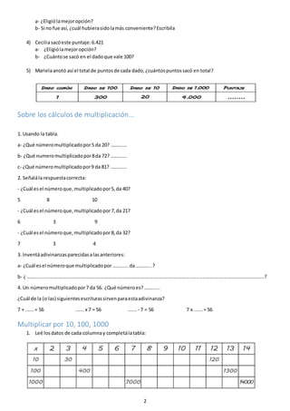2
a- ¿Eligiólamejoropción?
b- Si no fue así, ¿cuál hubierasidolamás conveniente?Escribila
4) Ceciliasacóeste puntaje:6.421...