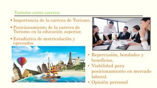 Turismo como carrera:
 Importancia de la carrera de Turismo.
 Posicionamiento de la carrera de
Turismo en la educación superior.
 Estadística de matriculación y
egresados
• Repercusión, bondades y
beneficios.
• Viabilidad para
posicionamiento en mercado
laboral.
• Opinión personal
 
