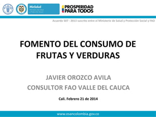 FOMENTO DEL CONSUMO DE
FRUTAS Y VERDURAS
JAVIER OROZCO AVILA
CONSULTOR FAO VALLE DEL CAUCA
Cali. Febrero 21 de 2014

 