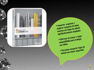 • Importar, organizar y explorar conjuntos de datos masivos con hojas de cálculo significativamente ampliadas• Disfrutar de mayor y mejor compatibilidad para trabajar con tablas• Permiten compartir hojas de cálculo con mayor seguridad