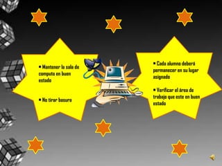 • Cada alumno deberá permanecer en su lugar asignado• Verificar el área de trabajo que este en buen estado• Mantener la sala de computo en buen estado• No tirar basura