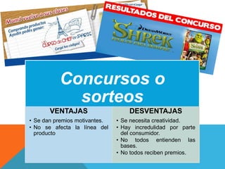 Concursos o
sorteos
VENTAJAS
• Se dan premios motivantes.
• No se afecta la línea del
producto
DESVENTAJAS
• Se necesita creatividad.
• Hay incredulidad por parte
del consumidor.
• No todos entienden las
bases.
• No todos reciben premios.
 