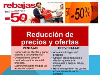 Reducción de
precios y ofertas
VENTAJAS
• Ganar nuevos clientes y ganar
clientes a la competencia
• Comerciantes compran
cantidades adicionales del
producto.
• Disminuyen cierta medida un
atraso de la venta
DESVENTAJAS
• Abarata la imagen del
producto
• Ofrecen precio reducido a
clientes que estarían
dispuestos a paga el precio
normal
• Hay incremento en los costos
en las ventas de corta
duración
 