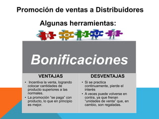 Promoción de ventas a Distribuidores
Algunas herramientas:
Bonificaciones
VENTAJAS
• Incentiva la venta, logrando
colocar cantidades de
producto superiores a las
normales.
• La promoción “se paga” con
producto, lo que en principio
es mejor.
DESVENTAJAS
• Si se practica
continuamente, pierde el
interés
• A veces puede volverse en
contra, ya que frenan
“unidades de venta” que, en
cambio, son regaladas.
 
