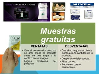 Muestras
gratuitas
VENTAJAS
• Que el consumidor conozca
de ante mano el producto
antes de que salga a la
venta o en su apogeo.
• Logran exhibición del
producto.
DESVENTAJAS
• Que si no le gusta al cliente
pierdes cierta cantidad de tu
producto.
• Desperdicio del producto.
• Altos costos.
• Requieren control
permanente.
 