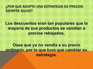 ¿POR QUE ADOPTO UNA ESTRATEGIA DE PRECIOS
SIEMPRE BAJOS?
Los descuentos eran tan populares que la
mayoria de sus productos se vendian a
precios rebajados.
Osea que ya no vendia a su precio
ordinario, por lo que tuvo que cambiar su
estrategia.
 