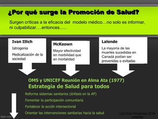 ¿Por qué surge la Promoción de Salud?
Surgen críticas a la eficacia del modelo médico…no solo es informar,
ni culpabilizar….entonces…..
Ivan Illich
Iatrogenia
Medicalización de la
sociedad
McKeown
Mayor efectividad
en morbilidad que
en mortalidad
Lalonde
La mayoría de las
muertes sucedidas en
Canadá podían ser
prevenidas o evitadas
OMS y UNICEF Reunión en Alma Ata (1977)
Estrategia de Salud para todos
Reforma sistemas sanitarios (énfasis en la AP)
Fomentar la participación comunitaria
Fortalecer la acción intersectorial
Orientar las intervenciones sanitarias hacia la salud Lita Ortiz Fernández 2016
UNMSM
 