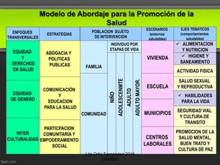 Modelo de Abordaje para la Promoción de la
Salud
ESTRATEGIAS
COMUNICACIÓN
Y
EDUCACION
PARA LA SALUD
ABOGACIA Y
POLITICAS
PUBLICAS
POBLACION SUJETO
DE INTERVENCION
ESCENARIOS
(entornos
saludables)
NIÑO
ADOLESCENMTE
ADULTO
ADULTOMAYOR.
EJES TEMATICOS
(comportamientos
saludables)
 ALIMENTACION
Y NUTRICION
 HIGIENE Y
SANEAMIENTO
 HABILIDADES
PARA LA VIDA
SEGURIDAD VIAL
Y CULTURA DE
TRANSITO
PROMOCION DE LA
SALUD MENTAL,
BUEN TRATO Y
CULTURA DE PAZ
FAMILIA
COMUNIDAD
VIVIENDA
ESCUELA
MUNICIPIOS
CENTROS
LABORALES
ENFOQUES
TRANSVERSALES
EQUIDAD
Y
DERECHOS
EN SALUD
EQUIDAD
DE GENERO
INTER
CULTURALIDAD
PARTICPACION
COMUNITARIA Y
EMPODERAMIENTO
SOCIAL
ACTIVIDAD FISICA
SALUD SEXUAL
Y REPRODUCTIVA
INDIVIDUO POR
ETAPAS DE VIDA
Lita Ortiz Fernández 2016
UNMSM
 
