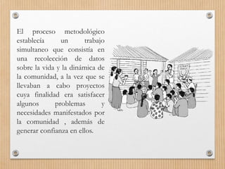 El proceso metodológico
establecía un trabajo
simultaneo que consistía en
una recolección de datos
sobre la vida y la dinámica de
la comunidad, a la vez que se
llevaban a cabo proyectos
cuya finalidad era satisfacer
algunos problemas y
necesidades manifestados por
la comunidad , además de
generar confianza en ellos.
 