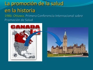 La promoción de la saludLa promoción de la salud
en la historiaen la historia
1986: Ottawa,1986: Ottawa, Primera Conferencia Internacional sobrePrimera Conferencia Internacional sobre
Promoción de SaludPromoción de Salud
 