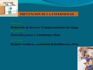 PREVENCION DE LA ENFERMEDADPREVENCION DE LA ENFERMEDAD
PrimariaPrimaria
Reducción de factores /Comportamientos de riesgo
SecundariaSecundaria
Detección precoz y tratamiento eficaz
TerciariaTerciaria
Reducir recidivas, cronicidad-Rehabilitación eficaz
 