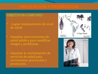 OBJETIVOS COMUNES:
• Lograr mejoramiento de nivel
de salud
• Impulsar intervenciones de
salud pública para modificar
riesgos y problemas.
• Impulsar la reorientación de
servicios de salud para
incrementar prevención y
promoción.
PREVENCION Y PROMOCION
 