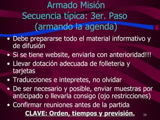 Armado Misión Secuencia típica: 3er. Paso  (armando la agenda) Debe prepararse todo el material informativo y de difusión Si se tiene website, enviarla con anterioridad!!! Llevar dotación adecuada de folleteria y tarjetas Traducciones e intepretes, no olvidar De ser necesario y posible, enviar muestras por anticipado o llevarla consigo (ojo restricciones) Confirmar reuniones antes de la partida CLAVE: Orden, tiempos y previsión. 