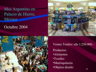 Mes Argentino en Palacio de Hierro, México Octubre 2004 Ventas Totales: u$s 1.250.000.- Productos: Alimentos Textiles Marroquineria Objetos diseño 