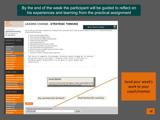 By the end of the week the participant will be guided to reflect on
his experiences and learning from the practical assignment
Send your week’s
work to your
coach/mentor
 