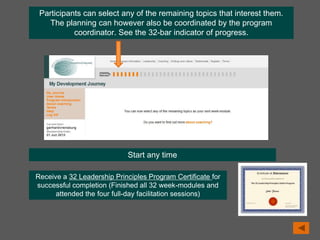 Participants can select any of the remaining topics that interest them.
The planning can however also be coordinated by the program
coordinator. See the 32-bar indicator of progress.
Start any time
Receive a 32 Leadership Principles Program Certificate for
successful completion (Finished all 32 week-modules and
attended the four full-day facilitation sessions)
 