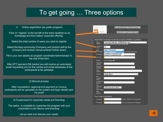 To get going … Three options
1) Online registration (as public program)
Click on ‘register’ at the top left of the www.newlead.co.za
homepage and then select ‘corporate offering’.
Select the total number of users you want to register
Select the blog community (Company and division will be the
company and division names entered further down)
Fill in your own details as program coordinator/administrator in
the rest of the form
After EFT payment (SA banks) you will receive an automated
email requesting you for the names and email addresses of the
participants to be uploaded
2) Manual process
After consultation, approval and payment on invoice,
participants will be uploaded on the system and login details sent
via email
3) Customized for corporate needs and branding
The option is available to customize the program with your
corporation’s own flavour and branding.
Let us meet and discuss your needs
 