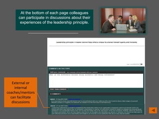 At the bottom of each page colleagues
can participate in discussions about their
experiences of the leadership principle.
External or
internal
coaches/mentors
can facilitate
discussions
 