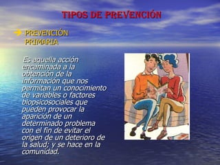 TIPOS DE PREVENCIÓN PREVENCIÓN PRIMARIA Es aquella acción encaminada a la obtención de la información que nos permitan un conocimiento de variables o factores biopsicosociales que pueden provocar la aparición de un determinado problema con el fin de evitar el origen de un deterioro de la salud; y se hace en la comunidad. 