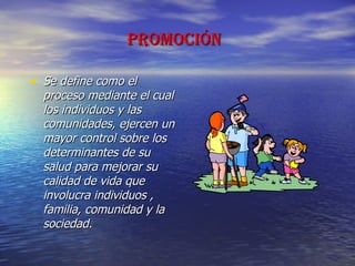 PROMOCIÓN   Se define como el proceso mediante el cual los individuos y las comunidades, ejercen un mayor control sobre los determinantes de su salud para mejorar su calidad de vida que involucra individuos , familia, comunidad y la sociedad. 
