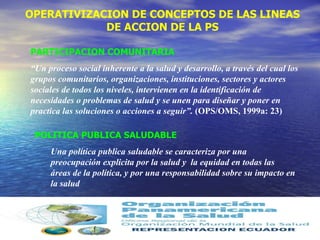 OPERATIVIZACION DE CONCEPTOS DE LAS LINEAS DE ACCION DE LA PS PARTICIPACION COMUNITARIA “ Un proceso social inherente a la salud y desarrollo, a través del cual los grupos comunitarios, organizaciones, instituciones, sectores y actores sociales de todos los niveles, intervienen en la identificación de necesidades o problemas de salud y se unen para diseñar y poner en practica las soluciones o acciones a seguir”.  (OPS/OMS, 1999a: 23) POLITICA PUBLICA SALUDABLE Una política publica saludable se caracteriza por una preocupación explicita por la salud y  la equidad en todas las áreas de la política, y por una responsabilidad sobre su impacto en la salud   