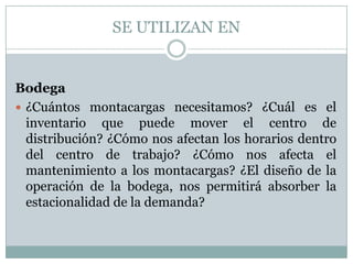 SE UTILIZAN ENBodega¿Cuántos montacargas necesitamos? ¿Cuál es el inventario que puede mover el centro de distribución? ¿Cómo nos afectan los horarios dentro del centro de trabajo? ¿Cómo nos afecta el mantenimiento a los montacargas? ¿El diseño de la operación de la bodega, nos permitirá absorber la estacionalidad de la demanda?