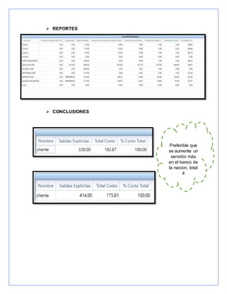  REPORTES
 CONCLUSIONES
Preferible que
se aumente un
servidor más
en el banco de
la nacion, total
4
 