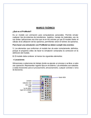 MARCO TEÓRICO
¿Qué es el ProModel?
Es un modelo con animación para computadoras personales. Permite simular
cualquier tipo de sistemas de manufactura, logística, manejo de materiales, una de
sus tantas aplicaciones nos dice que es en los aviones ya que El modelo ilustra el
cálculo de la utilización de los operarios, permitiendo variar el número de operarios.
Para hacer una simulación con ProModel se deben cumplir dos eventos:
1. Los elementos que conforman el modelo han de estar correctamente definidos,
porque el programa antes de hacer la simulación comprueba la corrección en la
definición del modelo.
2. El modelo debe contener al menos los siguientes elementos:
 Locaciones
Ubicaciones o estaciones de trabajo donde se ejecuta un proceso o se lleva a cabo
una operación. Representan lugares fijos en el sistema. Las entidades son ruteadas
a estas locaciones para el procesamiento, almacenamiento, cualquier actividad o toma
de decisiones.
 