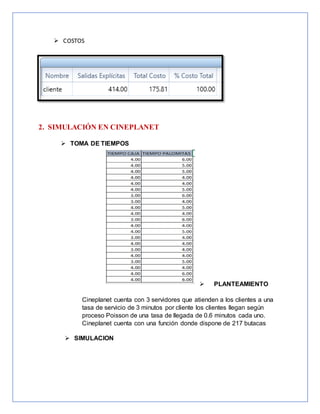  COSTOS
2. SIMULACIÓN EN CINEPLANET
 TOMA DE TIEMPOS
 PLANTEAMIENTO
Cineplanet cuenta con 3 servidores que atienden a los clientes a una
tasa de servicio de 3 minutos por cliente los clientes llegan según
proceso Poisson de una tasa de llegada de 0.6 minutos cada uno.
Cineplanet cuenta con una función donde dispone de 217 butacas
 SIMULACION
 