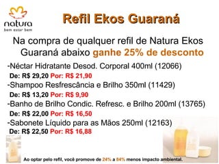 Refil Ekos Guaraná Na compra de qualquer refil de Natura Ekos Guaraná abaixo  ganhe   25% de desconto Néctar Hidratante Desod. Corporal 400ml (12066) De: R$ 29,20  Por: R$ 21,90 Shampoo Resfrescância e Brilho 350ml (11429) De: R$ 13,20  Por: R$ 9,90 Banho de Brilho Condic. Refresc. e Brilho 200ml (13765) De: R$ 22,00  Por: R$ 16,50 Sabonete Líquido para as Mãos 250ml (12163)   De: R$ 22,50  Por: R$ 16,88 Ao optar pelo refil, você promove de  24%  a  84%  menos impacto ambiental. 