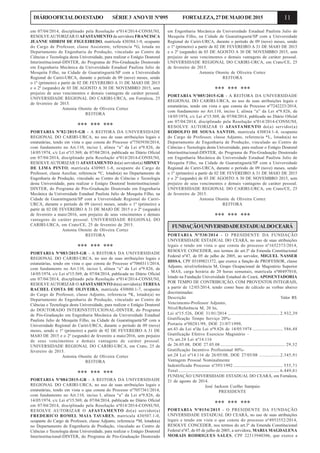 11DIÁRIOOFICIALDOESTADO SÉRIE3 ANOVII Nº095 FORTALEZA,27DEMAIODE2015
em 07/04/2014, disciplinado pela Resolução nº014/2014-CONSUNI,
RESOLVEAUTORIZAR O AFASTAMENTO da servidora FRANCISCA
JEANNE SIDRIM DE FIGUEIREDO, matrícula 430384.1-9, ocupante
do Cargo de Professor, classe Assistente, referencia *G, lotada no
Departamento de Engenharia de Produção, vinculado ao Centro de
Ciências e Tecnologia desta Universidade, para realizar o Estágio Doutoral
Interinstitucional-DINTER, do Programa de Pós-Graduação Doutorado
em Engenharia Mecânica da Universidade Estadual Paulista Julio de
Mesquita Filho, na Cidade de Guaratinguetá/SP com a Universidade
Regional do Cariri-URCA, durante o período de 09 (nove) meses, sendo
o 1º (primeiro) a partir de 02 DE FEVEREIRO A 31 DE MAIO DE 2015
e o 2º (segundo) de 03 DE AGOSTO A 30 DE NOVEMBRO 2015, sem
prejuízo de seus vencimentos e demais vantagens de caráter pessoal.
UNIVERSIDADE REGIONAL DO CARIRI-URCA, em Fortaleza, 25
de fevereiro de 2015.
Antonia Otonite de Oliveira Cortez
REITORA
*** *** ***
PORTARIA Nº82/2015-GR - A REITORA DA UNIVERSIDADE
REGIONAL DO CARIRI-URCA, no uso de suas atribuições legais e
estatutárias, tendo em vista o que consta do Processo nº7503930/2014,
com fundamento no Art.110, inciso I, alínea “a” da Lei nº9.826, de
14/05/1974, c/c Lei nº15.569, de 07/04/2014, publicada no Diário Oficial
em 07/04/2014, disciplinado pela Resolução nº014/2014-CONSUNI,
RESOLVE AUTORIZAR O AFASTAMENTO do(a) servidor(a) SIDNEY
DE LIMA PINTO, matrícula 430905.1-8, ocupante do Cargo de
Professor, classe Auxiliar, referencia *C, lotado(a) no Departamento de
Engenharia de Produção, vinculado ao Centro de Ciências e Tecnologia
desta Universidade, para realizar o Estágio Doutoral Insterinstitucional-
DINTER, do Programa de Pós-Graduação Doutorado em Engenharia
Mecânica da Universidade Estadual Paulista Julio de Mesquita Filho, na
Cidade de Guaratinguetá/SP com a Universidade Regional do Cariri-
URCA, durante o período de 09 (nove) meses, sendo o 1º (primeiro) a
partir de 02 DE FEVEREIRO A 31 DE MAIO DE 2015 e o 2º (segundo)
de fevereiro a maio/2016, sem prejuízo de seus vencimentos e demais
vantagens de caráter pessoal. UNIVERSIDADE REGIONAL DO
CARIRI-URCA, em Crato/CE, 25 de fevereiro de 2015.
Antonia Otonite de Oliveira Cortez
REITORA
*** *** ***
PORTARIA Nº083/2015-GR - A REITORA DA UNIVERSIDADE
REGIONAL DO CARIRI-URCA, no uso de suas atribuições legais e
estatutárias, tendo em vista o que consta do Processo nº7060311/2014,
com fundamento no Art.110, inciso I, alínea “a” da Lei nº9.826, de
14/05/1974, c/c Lei nº15.569, de 07/04/2014, publicada no Diário Oficial
em 07/04/2014, disciplinado pela Resolução nº014/2014-CONSUNI,
RESOLVEAUTORIZAR O AFASTAMENTO do(a) servidor(a) TERESA
RACHEL COSTA DE OLIVEIRA, matrícula 430880.1-7, ocupante
do Cargo de Professor, classe Adjunto, referencia *K, lotado(a) no
Departamento de Engenharia de Produção, vinculado ao Centro de
Ciências e Tecnologia desta Universidade, para realizar o Estágio Doutoral
do DOUTORADO INTERINSTITUCIONAL-DINTER, do Programa
de Pós-Graduação em Engenharia Mecânica da Universidade Estadual
Paulista Julio de Mesquita Filho, na Cidade de Guaratinguetá/SP com a
Universidade Regional do Cariri-URCA, durante o período de 09 (nove)
meses, sendo o 1º (primeiro) a partir de 02 DE FEVEREIRO A 31 DE
MAIO DE 2015 e o 2º (segundo) de fevereiro a maio/2016, sem prejuízo
de seus vencimentos e demais vantagens de caráter pessoal.
UNIVERSIDADE REGIONAL DO CARIRI-URCA, em Crato, 25 de
fevereiro de 2015.
Antonia Otonite de Oliveira Cortez
REITORA
*** *** ***
PORTARIA Nº084/2015-GR - A REITORA DA UNIVERSIDADE
REGIONAL DO CARIRI-URCA, no uso de suas atribuições legais e
estatutárias, tendo em vista o que consta do Processo nº7057361/2014,
com fundamento no Art.110, inciso I, alínea “a” da Lei nº9.826, de
14/05/1974, c/c Lei nº15.569, de 07/04/2014, publicada no Diário Oficial
em 07/04/2014, disciplinado pela Resolução nº014/2014-CONSUNI,
RESOLVE AUTORIZAR O AFASTAMENTO do(a) servidor(a)
FREDERICO ROMEL MAIA TAVARES, matrícula 430507.1-0,
ocupante do Cargo de Professor, classe Adjunto, referencia *M, lotado(a)
no Departamento de Engenharia de Produção, vinculado ao Centro de
Ciências e Tecnologia desta Universidade, para realizar o Estágio Doutoral
Interinstitucional-DINTER, do Programa de Pós-Graduação Doutorado
em Engenharia Mecânica da Universidade Estadual Paulista Julio de
Mesquita Filho, na Cidade de Guaratinguetá/SP com a Universidade
Regional do Cariri-URCA, durante o período de 09 (nove) meses, sendo
o 1º (primeiro) a partir de 02 DE FEVEREIRO A 31 DE MAIO DE 2015
e o 2º (segundo) de 03 DE AGOSTO A 30 DE NOVEMBRO 2015, sem
prejuízo de seus vencimentos e demais vantagens de caráter pessoal.
UNIVERSIDADE REGIONAL DO CARIRI-URCA, em Crato/CE, 25
de fevereiro de 2015.
Antonia Otonite de Oliveira Cortez
REITORA
*** *** ***
PORTARIA Nº085/2015-GR - A REITORA DA UNIVERSIDADE
REGIONAL DO CARIRI-URCA, no uso de suas atribuições legais e
estatutárias, tendo em vista o que consta do Processo nº7242223/2014,
com fundamento no Art.110, inciso I, alínea “a” da Lei nº9.826, de
14/05/1974, c/c Lei nº15.569, de 07/04/2014, publicada no Diário Oficial
em 07/04/2014, disciplinado pela Resolução nº014/2014-CONSUNI,
RESOLVE AUTORIZAR O AFASTAMENTO do(a) servidor(a)
RODOLFO DE SOUSA SANTOS, matrícula 430834.1-4, ocupante
do Cargo de Professor, classe Adjunto, referencia *L, lotado(a) no
Departamento de Engenharia de Produção, vinculado ao Centro de
Ciências e Tecnologia desta Universidade, para realizar o Estágio Doutoral
Interinstitucional-DINTER, do Programa de Pós-Graduação Doutorado
em Engenharia Mecânica da Universidade Estadual Paulista Julio de
Mesquita Filho, na Cidade de Guaratinguetá/SP com a Universidade
Regional do Cariri-URCA, durante o período de 09 (nove) meses, sendo
o 1º (primeiro) a partir de 02 DE FEVEREIRO A 31 DE MAIO DE 2015
e o 2º (segundo) de 03 DE AGOSTO A 30 DE NOVEMBRO 2015, sem
prejuízo de seus vencimentos e demais vantagens de caráter pessoal.
UNIVERSIDADE REGIONAL DO CARIRI-URCA, em Crato/CE, 25
de fevereiro de 2015.
Antonia Otonite de Oliveira Cortez
REITORA
*** *** ***
FUNDAÇÃOUNIVERSIDADEESTADUALDOCEARÁ
PORTARIA Nº530/2014 - O PRESIDENTE DA FUNDAÇÃO
UNIVERSIDADE ESTADUAL DO CEARÁ, no uso de suas atribuições
legais e tendo em vista o que consta do processo nº1652373/2014,
RESOLVE CONCEDER, nos termos do art.3º da Emenda Constitucional
Federal nº47, de 05 de julho de 2005, ao servidor, MIGUEL NASSER
HISSA, CPF 03189821372, que exerce a função de PROFESSOR, classe
Adjunto, nível/referência M, Grupo Ocupacional de Magistério Superior
- MAS, carga horária de 20 horas semanais, matrícula nº00497010,
lotado na Fundação Universidade Estadual do Ceará, APOSENTADORIA
POR TEMPO DE CONTRIBUIÇÃO, COM PROVENTOS INTEGRAIS,
a partir de 12/03/2014, tendo como base de cálculo as verbas abaixo
discriminadas:
Descrição Valor R$
Vencimento-Professor Adjunto,
Nível/Referência M, 20 hs,
Lei nº15.526, DOE 31/01/2014 ................................................ 2.932,39
Gratificação Tempo Serviço 20%-
Portaria nº00281/99, DOE 21/07/1999,
art.43 da Lei nºda Lei nº9.826 de 14/05/1974 ............................ 586,48
Gratificação Efetivo Exercício Magistério –
1% art.24 Lei nº14.116
de 26.05.08, DOE 27.05.08 ............................................................ 29,32
Gratificação Incentivo Profissional 80%-
art.24 Lei nº14.116 de 26/05/08, DOE 27/05/08 ................... 2.345,91
Vantagem Pessoal Nominalmente
Indentificada Processo nº393/1992 .............................................. 555,71
Total .............................................................................................. 6.449,81
FUNDAÇÃO UNIVERSIDADE ESTADUAL DO CEARÁ, em Fortaleza,
21 de agosto de 2014.
José Jackson Coelho Sampaio
PRESIDENTE
*** *** ***
PORTARIA Nº0154/2015 - O PRESIDENTE DA FUNDAÇÃO
UNIVERSIDADE ESTADUAL DO CEARÁ, no uso de suas atribuições
legais e tendo em vista o que consta do processo nº4953552/2014,
RESOLVE CONCEDER, nos termos do art.3º da Emenda Constitucional
Federal nº47, de 05 de julho de 2005, a servidora, MARIA MAGDALENA
MORAIS RODRIGUES SALES, CPF 22313940306, que exerce a
 