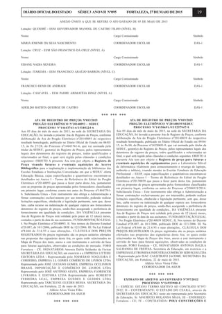 19DIÁRIOOFICIALDOESTADO SÉRIE3 ANOVII Nº095 FORTALEZA,27DEMAIODE2015
ANEXO ÚNICO A QUE SE REFERE O ATO DATADO DE 05 DE MAIO DE 2015
Lotação: QUIXERÉ - EEM GOVERNADOR MANOEL DE CASTRO FILHO (NÍVEL B)
Nome Cargo Comissionado Símbolo
MARIA JOSENIR DA SILVA NASCIMENTO COORDENADOR ESCOLAR DAS-1
Lotação: CRUZ - EEM SÃO FRANCISCO DA CRUZ (NÍVEL A)
Nome Cargo Comissionado Símbolo
EDJANE NADIA SILVEIRA COORDENADOR ESCOLAR DAS-1
Lotação: ITAREMA - EEM FRANCISCO ARAÚJO BARROS (NÍVEL C)
Nome Cargo Comissionado Símbolo
FRANCISCO DENIS DE ANDRADE COORDENADOR ESCOLAR DAS-1
Lotação: CASCAVEL - EEM PADRE ARIMATÉIA DINIZ (NÍVEL A)
Nome Cargo Comissionado Símbolo
ADEILDO BATISTA QUEIROZ DE CASTRO COORDENADOR ESCOLAR DAS-1
*** *** ***
ATA DE REGISTRO DE PREÇOS Nº013/2015
PREGÃO ELETRÔNICO Nº20140093 - SEDUC
PROCESSO Nº14643761-6/15180224-6
Aos 05 dias do mês de maio de 2015, na sede da SECRETARIA DA
EDUCAÇÃO, foi lavrada a presente Ata de Registro de Preços, conforme
deliberação da Ata do Pregão Eletrônico nº20140093 do respectivo
resultado homologado, publicado no Diário Oficial do Estado em 04/03/
15, às fls 27/28, do Processo nº14643761-6, que vai assinada pelo
titular da SEDUC, gestor(a) do Registro de Preços, pelos representantes
legais dos detentores do registro de preços, todos qualificados e
relacionados ao final, a qual será regida pelas cláusulas e condições
seguintes: OBJETO A presente Ata tem por objeto o Registro de
Preço visando futuras e eventuais aquisições de Acervo
Bibliográfico para a implantação e implementação de bibliotecas das
Escolas Estaduais e Instituições Conveniadas em que a SEDUC oferta
Educação Básica, cujas especificações e quantitativos encontram-se
detalhados no Anexo I - Termo de Referência do Edital de Pregão
Eletrônico nº20140093 que passa a fazer parte desta Ata, juntamente
com as propostas de preços apresentadas pelos fornecedores classificados
em primeiro lugar, conforme consta nos autos do Processo nº14643761-
6. Subcláusula Única - Este instrumento não obriga a Administração a
firmar contratações exclusivamente por seu intermédio, podendo realizar
licitações específicas, obedecida a legislação pertinente, sem que, desse
fato, caiba recurso ou indenização de qualquer espécie aos fornecedores
detentores do registro de preços, sendo-lhes assegurado a preferência de
fornecimento em igualdade de condições.. DA VIGÊNCIAA presente
Ata de Registro de Preços terá validade pelo prazo de 12 (doze) meses,
contados a partir da data da sua assinatura.. FUNDAMENTAÇÃO LEGAL
I. No Pregão Eletrônico nº20140093. II. Nos termos do Decreto Estadual
nº28.087, de 10/1/2006, publicado DOE de 12/1/2006. III. Na Lei Federal
nº8.666 de 21.6.93 e suas alterações.. CLÁUSULA DOS PREÇOS
REGISTRADOS Os preços registrados são os preços unitários ofertados
nas propostas das signatárias desta Ata, os quais estão relacionados no
Mapa de Preços dos itens, anexo a este instrumento e servirão de base
para futuras aquisições, observadas as condições de mercado. FORO
Fortaleza – CE. SIGNATÁRIOS Antonia Dalila Saldanha de Freitas
SECRETÁRIA DA EDUCAÇÃO, em exercício e a EMPRESA LITTERE
EDITORA LTDA - Representada pelo JOSMÁRIO NOGUEIRA E
CORDEIRO, EMPRESA J.L GOMES COMÉRCIO DE LIVROS LTDA
Representada pelo JOSÉ LUCIANO GOMES, EMPRESA OCELIVROS
BRASIL IMPORTAÇÃO E COMÉRCIO DE LIVROS LTDA
Representada pelo JOSÉ ANTÔNIO ALVES, EMPRESA FLORESCER
LIVRARIA E EDITORA LTDA Representada pelo ROBERTO
FERREIRA LEAL, EMPRESA GUEDES E GUEDES LTDA
Representada pela TARCILENE GUEDES BESSA. SECRETARIA DA
EDUCAÇÃO, em Fortaleza, 22 de maio de 2015.
Aldízio Alves Vieira Filho
COORDENADOR DA ASJUR
*** *** ***
ATA DE REGISTRO DE PREÇOS Nº015/2015
PREGÃO ELETRÔNICO Nº20140039/SEDUC
PROCESSO Nº14350691-9/15237947-9
Aos 05 dias do mês de maio de 2015, na sede da SECRETARIA DA
EDUCAÇÃO, foi lavrada a presente Ata de Registro de Preços, conforme
deliberação da Ata do Pregão Eletrônico nº20140039 do respectivo
resultado homologado, publicado no Diário Oficial do Estado em 09/04/
15, às fls 04, do Processo nº14350691-9, que vai assinada pelo titular da
SEDUC, gestor(a) do Registro de Preços, pelos representantes legais dos
detentores do registro de preços, todos qualificados e relacionados ao
final, a qual será regida pelas cláusulas e condições seguintes: OBJETO A
presente Ata tem por objeto o Registro de preço para futuras e
eventuais aquisições de equipamentos para o Laboratório Móvel
de Informática (Gabinete para armazenamento e recarga de laptops,
netbooks e tablets), visando atender às Escolas Estaduais de Educação
Profissional – EEEP, cujas especificações e quantitativos encontram-se
detalhados no Anexo I – Termo de Referência do Edital de Pregão
Eletrônico nº20130039 que passa a fazer parte desta Ata, juntamente
com as propostas de preços apresentadas pelos fornecedores classificados
em primeiro lugar, conforme os autos do Processo nº3506919/2014.
Subcláusula Única - Este instrumento não obriga a Administração a
firmar contratações exclusivamente por seu intermédio, podendo realizar
licitações específicas, obedecida a legislação pertinente, sem que, desse
fato, caiba recurso ou indenização de qualquer espécie aos fornecedores
detentores do registro de preços, sendo-lhes assegurado a preferência de
fornecimento em igualdade de condições.. DA VIGÊNCIAA presente
Ata de Registro de Preços terá validade pelo prazo de 12 (doze) meses,
contados a partir da data da sua assinatura.. FUNDAMENTAÇÃO LEGAL
I. No Pregão Eletrônico nº20140039 SEDUC. II. Nos termos do Decreto
Estadual nº28.087, de 10/1/2006, publicado DOE de 12/1/2006. III. Na
Lei Federal nº8.666 de 21.6.93 e suas alterações.. CLÁUSULA DOS
PREÇOS REGISTRADOS Os preços registrados são os preços unitários
ofertados nas propostas das signatárias desta Ata, os quais estão
relacionados no Mapa de Preços dos itens, anexo a este instrumento e
servirão de base para futuras aquisições, observadas as condições de
mercado. FORO Fortaleza – CE. SIGNATÁRIOS ANTONIA DALILA
SALDANHA DE FREITAS- Secretária da Educação, em exercício e a
EMPRESAELETROMESA INDÚSTRIACOMÉRCIO SERVIÇOS LTDA
- Representada pelo ISAC CALISTRATO JACOME. SECRETARIA DA
EDUCAÇÃO, em Fortaleza, 22 de maio de 2015.
Aldízio Alves Vieira Filho
COORDENADOR DA ASJUR
*** *** ***
EXTRATO DE ADITIVO AO CONTRATO Nº397/2012/
PROCESSO Nº14553900-8
I - ESPÉCIE: OITAVO TERMO ADITIVO AO CONTRATO Nº397/
2012; II - CONTRATANTE: O ESTADO DO CEARÁ, através da
SECRETARIA DA EDUCAÇÃO, neste ato representada pelo Secretário
de Educação, Sr. MAURÍCIO HOLANDA MAIA; III - ENDEREÇO:
Fortaleza - CE; IV - CONTRATADA: POLY CONSTRUÇÕES E
 