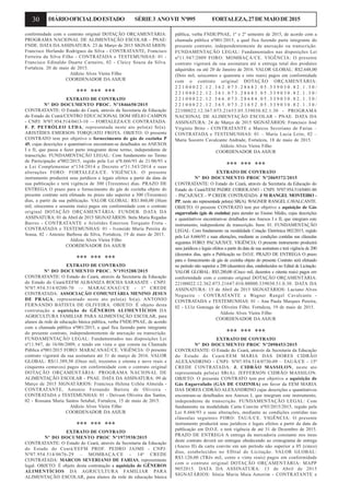 30 DIÁRIOOFICIALDOESTADO SÉRIE3 ANOVII Nº095 FORTALEZA,27DEMAIODE2015
conformidade com o contrato original DOTAÇÃO ORÇAMENTÁRIA:
PROGRAMA NACIONAL DE ALIMENTAÇÃO ESCOLAR - PNAE/
FNDE. DATA DA ASSINATURA: 23 de Março de 2015 SIGNATÁRIOS:
Francisco Herlando Rodrigues da Silva - CONTRATANTE, Francisco
Ferreira da Silva Filho - CONTRATADA e TESTEMUNHAS: 01 -
Francisco Edinaldo Duarte Carneiro, 02 - Cleicy Souza da Silva.
Fortaleza. 20 de maio de 2015.
Aldízio Alves Vieira Filho
COORDENADOR DA ASJUR
*** *** ***
EXTRATO DE CONTRATO
Nº DO DOCUMENTO PROC. Nº1846650/2015
CONTRATANTE: O Estado do Ceará, através da Secretaria da Educação
do Estado do Ceará/CENTRO EDUCACIONAL DOM HÉLIO CAMPOS
- CNPJ: Nº07.954.514/0413-10 –- FORTALEZA/CE CONTRATADA:
F. P. PETRÓLEO LTDA, representada neste ato pelo(a) Sr(a).
ARISTÍDES EMERSON TORQUATO FROTA. OBJETO: O presente
CONTRATO tem por objetivo o fornecimento de gás de cozinha P
45, cujas descrições e quantitativos encontram-se detalhados no ANEXOS
I e II, que passa a fazer parte integrante deste termo, independente de
transcrição. FUNDAMENTAÇÃO LEGAL: Com fundamento no Termo
de Participação nº002/2015, regido pela Lei nº8.666/93 de 21/06/93 e
a Lei Complementar nº134/2014 e Decreto nº31.543/2014 e suas
alterações FORO: FORTALEZA/CE. VIGÊNCIA: O presente
instrumento produzirá seus jurídicos e legais efeitos a partir da data de
sua publicação e terá vigência de 300 (Trezentos) dias. PRAZO DE
ENTREGA O prazo para o fornecimento do gás de cozinha objeto do
presente contrato será efetuado no prazo não superior a 300 (Trezentos)
dias, a partir da sua publicação. VALOR GLOBAL: R$1.860,00 (Hum
mil, oitocentos e sessenta reais) pagos em conformidade com o contrato
original DOTAÇÃO ORÇAMENTÁRIA: FUNDEB. DATA DA
ASSINATURA: 01 de Abril de 2015 SIGNATÁRIOS: Stela Maria Regadas
Barros - CONTRATANTE e Aristídes Emerson Torquato Frota -
CONTRATADA e TESTEMUNHAS: 01 - Ivoneide Maria Pereira de
Sousa, 02 - Antonio Barbosa da Silva, Fortaleza, 19 de maio de 2015.
Aldízio Alves Vieira Filho
COORDENADOR DA ASJUR
*** *** ***
EXTRATO DE CONTRATO
Nº DO DOCUMENTO PROC. Nº1915288/2015
CONTRATANTE: O Estado do Ceará, através da Secretaria da Educação
do Estado do Ceará/EEFM ALBANIZA ROCHA SARASATE - CNPJ:
Nº07.954.514/0200-70 –- MARACANAÚ/CE - 1ª CREDE
CONTRATADA: ASSOCIAÇÃO COMUNITÁRIA MENINO JESUS
DE PRAGA, representado neste ato pelo(a) Sr(a). ANTONIO
FERNANDO BATISTA DE OLIVEIRA. OBJETO: É objeto desta
contratação a aquisição de GÊNEROS ALIMENTÍCIOS DA
AGRICULTURA FAMILIAR PARA ALIMENTAÇÃO ESCOLAR, para
alunos da rede de educação básica pública, verba FNDE/PNAE, de acordo
com a chamada pública nº001/2015, a qual fica fazendo parte integrante
do presente contrato, independentemente de anexação ou transcrição.
FUNDAMENTAÇÃO LEGAL: Fundamentados nas disposições Lei
nº11.947, de 16/06/2009, e tendo em vista o que consta na Chamada
Pública nº001/2015 FORO: MARACANAÚ/CE. VIGÊNCIA: O presente
contrato vigorará da sua assinatura até 31 de março de 2016. VALOR
GLOBAL: R$11.389,50 (Onze mil, trezentos e oitenta e nove reais e
cinquenta centavos) pagos em conformidade com o contrato original
DOTAÇÃO ORÇAMENTÁRIA: PROGRAMA NACIONAL DE
ALIMENTAÇÃO ESCOLAR - PNAE. DATA DA ASSINATURA: 09 de
Março de 2015 SIGNATÁRIOS: Francisca Helena Uchôa Almeida -
CONTRATANTE, Antonio Fernando Batista de Oliveira -
CONTRATADA e TESTEMUNHAS: 01 - Deivson Oliveira dos Santos,
02 - Rossana Maria Santos Setubal, Fortaleza, 15 de maio de 2015.
Aldízio Alves Vieira Filho
COORDENADOR DA ASJUR
*** *** ***
EXTRATO DE CONTRATO
Nº DO DOCUMENTO PROC Nº1973938/2015
CONTRATANTE: O Estado do Ceará, através da Secretaria da Educação
do Estado do Ceará/EEFM PROF. PEDRO JAIME - CNPJ:
Nº07.954.514/0676-29 – MOMBAÇA/CE - 14ª CREDE
CONTRATADA: MARCOS SEVERIANO DE FARIAS, representante
legal. OBJETO: É objeto desta contratação a aquisição de GÊNEROS
ALIMENTÍCIOS DA AGRICULTURA FAMILIAR PARA
ALIMENTAÇÃO ESCOLAR, para alunos da rede de educação básica
pública, verba FNDE/PNAE, 1º e 2º semestre de 2015, de acordo com a
chamada pública nº001/2015, a qual fica fazendo parte integrante do
presente contrato, independentemente de anexação ou transcrição.
FUNDAMENTAÇÃO LEGAL: Fundamentados nas disposições Lei
nº11.947/2009 FORO: MOMBAÇA/CE. VIGÊNCIA: O presente
contrato vigorará da sua assinatura até a entrega total dos produtos
adquiridos ou até 20 de Janeiro de 2016. VALOR GLOBAL: R$2.648,00
(Dois mil, seiscentos e quarenta e oito reais) pagos em conformidade
com o contrato original DOTAÇÃO ORÇAMENTÁRIA:
2 2 1 0 0 0 2 2 . 1 2 . 3 6 2 . 0 7 3 . 2 8 6 8 2 . 0 5 . 3 3 9 0 3 0 . 8 2 . 1 . 3 0 /
2 2 1 0 0 0 2 2 . 1 2 . 3 6 1 . 0 7 3 . 2 8 6 8 3 . 0 5 . 3 3 9 0 3 0 . 8 2 . 1 . 3 0 /
2 2 1 0 0 0 2 2 . 1 2 . 3 6 6 . 0 7 3 . 2 8 6 8 4 . 0 5 . 3 3 9 0 3 0 . 8 2 . 1 . 3 0 /
2 2 1 0 0 0 2 2 . 1 2 . 3 6 5 . 0 7 3 . 2 1 6 5 2 . 0 5 . 3 3 9 0 3 0 . 8 2 . 1 . 3 0 /
22100022.12.367.073.21653.05.339030.82.1.30 - PROGRAMA
NACIONAL DE ALIMENTAÇÃO ESCOLAR - PNAE. DATA DA
ASSINATURA: 24 de Março de 2015 SIGNATÁRIOS: Francisco José
Vírginio Brito - CONTRATANTE e Marcos Severiano de Farias –
CONTRATADA e TESTEMUNHAS: 01 – Maria Lucia Leite, 02 –
Maria Socorro Cavalcante Andrade, Fortaleza, 18 de maio de 2015.
Aldizio Alves Vieira Filho
COORDENADOR DA ASJUR
*** *** ***
EXTRATO DE CONTRATO
Nº DO DOCUMENTO PROC Nº2069372/2015
CONTRATANTE: O Estado do Ceará, através da Secretaria da Educação do
Estado do Ceará/EEM PADRE CORIOLANO - CNPJ: Nº07.954.514/0401-86
– PACAJUS/CE - 9ª CREDE CONTRATADA: J M RANGEL MONTEIRO -
PP, neste ato representada pelo(a) SR(A). WAGNER RANGEL CAVALCANTE.
OBJETO: O presente CONTRATO tem por objetivo a aquisição de Gás
engarrafado (gás de cozinha) para atender ao Ensino Médio, cujas descrições
e quantitativos encontram-se detalhados nos Anexos I e II, que integram este
instrumento, independente de transcrição. Item: 01. FUNDAMENTAÇÃO
LEGAL: Com fundamento na modalidade Cotação Eletrônica 002/2015, regido
pela Lei 8.666/93 e suas alterações, mediante as condições contidas nas cláusulas
seguintes FORO: PACAJUS/CE. VIGÊNCIA: O presente instrumento produzirá
seus jurídicos e legais efeitos a partir da data de sua assinatura e terá vigência de 200
(duzentos dias, após a Publicação no D.O.E. PRAZO DE ENTREGA O prazo
para o fornecimento de gás de cozinha objeto do presente Contrato será efetuado
no período não superior a 200 (duzentos) dias, estabelecidos no Edital de Licitação.
VALOR GLOBAL: R$5.280,00 (Cinco mil, duzentos e oitenta reais) pagos em
conformidade com o contrato original DOTAÇÃO ORÇAMENTÁRIA:
22100022.12.362.073.21647.010.00000.339030.51.0.30. DATA DA
ASSINATURA: 15 de Abril de 2015 SIGNATÁRIOS: Luciano Alves
Nogueira - CONTRATANTE e Wagner Rangel Cavalcante -
CONTRATADA e TESTEMUNHAS: 01 - Ana Paula Marques Pereira,
02 - LUiz Gonzaga de Oliveira Filho. Fortaleza, 19 de maio de 2015.
Aldizio Alves Vieira Filho
COORDENADOR DA ASJUR
*** *** ***
EXTRATO DE CONTRATO
Nº DO DOCUMENTO PROC Nº2098453/2015
CONTRATANTE: O Estado do Ceará, através da Secretaria da Educação
do Estado do Ceará/EEM MARIA DAS DORES CIDRÃO
ALEXANDRINO - CNPJ: Nº07.954.514/0730-09 – TAUÁ/CE - 15ª
CREDE CONTRATADA: J. CIDRÃO MASSILON, neste ato
representada pelo(a) SR(A). JEFFERSON CIDRÃO MASSILON.
OBJETO: O presente CONTRATO tem por objetivo a aquisição de
Gás Engarrafado (GÁS DE COZINHA) em favor da EEM MARIA
DAS DORES CIDRÃO ALEXANDRINO cujas descrições e quantitativos
encontram-se detalhados nos Anexos I, que integram este instrumento,
independente de transcrição. FUNDAMENTAÇÃO LEGAL: Com
fundamento na modalidade Carta Convite nº03/2015/2015, regido pela
Lei 8.666/93 e suas alterações, mediante as condições contidas nas
cláusulas seguintes FORO: TAUÁ/CE. VIGÊNCIA: O presente
instrumento produzirá seus jurídicos e legais efeitos a partir da data da
publicação em D;O.E. e terá vigência de até 31 de Dezembro de 2015.
PRAZO DE ENTREGA A entrega da mercadoria constante nos itens
deste contrato deverá ser entregue obedecendo ao cronograma de entrega
(Anexo II) da carta convite em um período não superior a 05 (cinco)
dias, estabelecidos no EDital de Licitação. VALOR GLOBAL:
R$3.120,00 (TRês mil, cento e vinte reais) pagos em conformidade
com o contrato original DOTAÇÃO ORÇAMENTÁRIA: MAPP
9052015. DATA DA ASSINATURA: 13 de Abril de 2015
SIGNATÁRIOS: Sônia Maria Maia Amorim - CONTRATANTE e
 