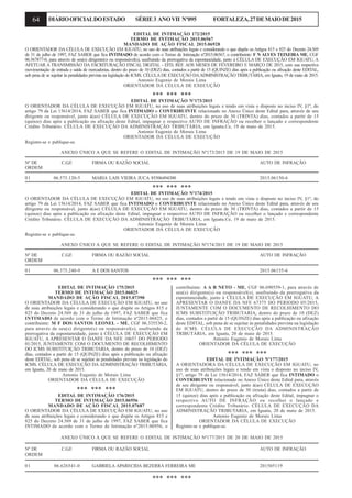 64 DIÁRIOOFICIALDOESTADO SÉRIE3 ANOVII Nº095 FORTALEZA,27DEMAIODE2015
EDITAL DE INTIMAÇÃO 172/2015
TERMO DE INTIMAÇÃO 2015.06567
MANDADO DE AÇÃO FISCAL 2015.06928
O ORIENTADOR DA CÉLULA DE EXECUÇÃO EM IGUATU, no uso de suas atribuições legais e considerando o que dispõe os Artigos 815 e 825 do Decreto 24.569
de 31 de julho de 1997, FAZ SABER que fica INTIMADO de acordo com o Termo de Intimação nº2015.06567, o contribuinte: F N ALVES TEIXEIRA ME, CGF
06.567877-0, para através de seu(s) dirigente(s) ou responsável(s), usufruindo da prerrogativa da espontaneidade, junto à CÉLULA DE EXECUÇÃO EM IGUATU, A
AFETUAR A TRANSMISSÃO DA ESCRITURAÇÃO FISCAL DIGITAL - EFD, REF. AOS MESES DE FEVEREIRO E MARÇO DE 2015, com sua respectiva
movimentação de entrada e saída de mercadorias, dentro do prazo de 10 (DEZ) dias, contados a partir de 15 (QUINZE) dias após a publicação ou afixação deste EDITAL,
sob pena de se sujeitar às penalidades prevista na legislação do ICMS. CÉLULADE EXECUÇÃO DAADMINISTRAÇÃO TRIBUTÁRIA, em Iguatu, 19 de maio de 2015.
Antonio Eugenio de Morais Lima
ORIENTADOR DA CÉLULA DE EXECUÇÃO
*** *** ***
EDITAL DE INTIMAÇÃO Nº173/2015
O ORIENTADOR DA CÉLULA DE EXECUÇÃO EM IGUATU, no uso de suas atribuições legais e tendo em vista o disposto no inciso IV, §1º, do
artigo 79 da Lei 15614/2014, FAZ SABER que fica INTIMADO o CONTRIBUINTE relacionado no Anexo Único deste Edital para, através de seu
dirigente ou responsável, junto à(ao) CÉLULA DE EXECUÇÃO EM IGUATU, dentro do prazo de 30 (TRINTA) dias, contados a partir de 15
(quinze) dias após a publicação ou afixação deste Edital, impugnar o respectivo AUTO DE INFRAÇÃO ou recolher o lançado e correspondente
Crédito Tributário. CÉLULA DE EXECUÇÃO DA ADMINISTRAÇÃO TRIBUTÁRIA, em Iguatu.Ce, 19 de maio de 2015.
Antonio Eugenio de Morais Lima
ORIENTADOR DA CÉLULA DE EXECUÇÃO
Registre-se e publique-se.
ANEXO ÚNICO A QUE SE REFERE O EDITAL DE INTIMAÇÃO Nº173/2015 DE 19 DE MAIO DE 2015
Nº DE C.G.F. FIRMA OU RAZÃO SOCIAL AUTO DE INFRAÇÃO
ORDEM
01 06.575.120-5 MARIA LAIS VIEIRA JUCA 85506494300 2015.06150-6
*** *** ***
EDITAL DE INTIMAÇÃO Nº174/2015
O ORIENTADOR DA CÉLULA DE EXECUÇÃO EM IGUATU, no uso de suas atribuições legais e tendo em vista o disposto no inciso IV, §1º, do
artigo 79 da Lei 15614/2014, FAZ SABER que fica INTIMADO o CONTRIBUINTE relacionado no Anexo Único deste Edital para, através de seu
dirigente ou responsável, junto à(ao) CÉLULA DE EXECUÇÃO EM IGUATU, dentro do prazo de 30 (TRINTA) dias, contados a partir de 15
(quinze) dias após a publicação ou afixação deste Edital, impugnar o respectivo AUTO DE INFRAÇÃO ou recolher o lançado e correspondente
Crédito Tributário. CÉLULA DE EXECUÇÃO DA ADMINISTRAÇÃO TRIBUTÁRIA, em Iguatu.Ce, 19 de maio de 2015.
Antonio Eugenio de Morais Lima
ORIENTADOR DA CÉLULA DE EXECUÇÃO
Registre-se e publique-se.
ANEXO ÚNICO A QUE SE REFERE O EDITAL DE INTIMAÇÃO Nº174/2015 DE 19 DE MAIO DE 2015
Nº DE C.G.F. FIRMA OU RAZÃO SOCIAL AUTO DE INFRAÇÃO
ORDEM
01 06.375.240-9 A E DOS SANTOS 2015.06155-6
*** *** ***
EDITAL DE INTIMAÇÃO 175/2015
TERMO DE INTIMAÇÃO 2015.06825
MANDADO DE AÇÃO FISCAL 2015.07390
O ORIENTADOR DA CÉLULA DE EXECUÇÃO EM IGUATU, no uso
de suas atribuições legais e considerando o que dispõe os Artigos 815 e
825 do Decreto 24.569 de 31 de julho de 1997, FAZ SABER que fica
INTIMADO de acordo com o Termo de Intimação nº2015.06825, o
contribuinte: M F DOS SANTOS LEONEL - ME, CGF 06.335530-2,
para através de seu(s) dirigente(s) ou responsável(s), usufruindo da
prerrogativa da espontaneidade, junto à CÉLULA DE EXECUÇÃO EM
IGUATU, A APRESENTAR O DANFE DA NFE 10657 DO PERIODO
01/2015, JUNTAMENTE COM O DOCUMENTO DE RECOLHIMENTO
DO ICMS SUBSTITUIÇÃO TRIBUTARIA, dentro do prazo de 10 (DEZ)
dias, contados a partir de 15 (QUINZE) dias após a publicação ou afixação
deste EDITAL, sob pena de se sujeitar às penalidades prevista na legislação do
ICMS. CÉLULA DE EXECUÇÃO DA ADMINISTRAÇÃO TRIBUTÁRIA,
em Iguatu, 20 de maio de 2015.
Antonio Eugenio de Morais Lima
ORIENTADOR DA CÉLULA DE EXECUÇÃO
*** *** ***
EDITAL DE INTIMAÇÃO 176/2015
TERMO DE INTIMAÇÃO 2015.06956
MANDADO DE AÇÃO FISCAL 2015.07687
O ORIENTADOR DA CÉLULA DE EXECUÇÃO EM IGUATU, no uso
de suas atribuições legais e considerando o que dispõe os Artigos 815 e
825 do Decreto 24.569 de 31 de julho de 1997, FAZ SABER que fica
INTIMADO de acordo com o Termo de Intimação nº2015.06956, o
contribuinte: A A B NETO - ME, CGF 06.690559-1, para através de
seu(s) dirigente(s) ou responsável(s), usufruindo da prerrogativa da
espontaneidade, junto à CÉLULA DE EXECUÇÃO EM IGUATU, A
APRESENTAR O DANFE DA NFE 67375 DO PERIODO 05/2015,
JUNTAMENTE COM O DOCUMENTO DE RECOLHIMENTO DO
ICMS SUBSTITUIÇÃO TRIBUTARIA, dentro do prazo de 10 (DEZ)
dias, contados a partir de 15 (QUINZE) dias após a publicação ou afixação
deste EDITAL, sob pena de se sujeitar às penalidades prevista na legislação
do ICMS. CÉLULA DE EXECUÇÃO DA ADMINISTRAÇÃO
TRIBUTÁRIA, em Iguatu, 20 de maio de 2015.
Antonio Eugenio de Morais Lima
ORIENTADOR DA CÉLULA DE EXECUÇÃO
*** *** ***
EDITAL DE INTIMAÇÃO Nº177/2015
A ORIENTADORA DA CÉLULA DE EXECUÇÃO EM IGUATU, no
uso de suas atribuições legais e tendo em vista o disposto no inciso IV,
§1º, artigo 79 da Lei 15614/2014, FAZ SABER que fica INTIMADO o
CONTRIBUINTE relacionado no Anexo Único deste Edital para, através
de seu dirigente ou responsável, junto à(ao) CÉLULA DE EXECUÇÃO
EM IGUATU, dentro do prazo de 30 (trinta) dias, contados a partir de
15 (quinze) dias após a publicação ou afixação deste Edital, impugnar o
respectivo AUTO DE INFRAÇÃO ou recolher o lançado e
correspondente Crédito Tributário. CÉLULA DE EXECUÇÃO DA
ADMINISTRAÇÃO TRIBUTARIA, em Iguatu, 20 de maio de 2015.
Antonio Eugenio de Morais Lima
ORIENTADOR DA CÉLULA DE EXECUÇÃO
Registre-se e publique-se.
ANEXO ÚNICO A QUE SE REFERE O EDITAL DE INTIMAÇÃO Nº177/2015 DE 20 DE MAIO DE 2015
Nº DE C.G.F. FIRMA OU RAZÃO SOCIAL AUTO DE INFRAÇÃO
ORDEM
01 06.626541-0 GABRIELA APARECIDA BEZERRA FERREIRA ME 201505119
*** *** ***
 