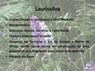 Laurissilva
• Laurus (loureiro, lauráceas) e Silva (floresta)
• Macarronésia
• Biótopos: Açores, Canárias e Cabo Verde
• Floresta Subtropical Húmida
• Ocupava no Terciário o Sul da Europa e Norte de
  África, tendo como teoria de colonização, as aves
  granívoras que imigraram para zonas mais quentes.
• Floresta da Água
 
