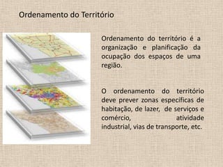 Ordenamento do Território

                     Ordenamento do território é a
                     organização e planificação da
                     ocupação dos espaços de uma
                     região.


                     O ordenamento do território
                     deve prever zonas específicas de
                     habitação, de lazer, de serviços e
                     comércio,                 atividade
                     industrial, vias de transporte, etc.
 