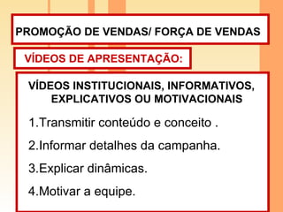 PROMOÇÃO DE VENDAS/ FORÇA DE VENDAS   VÍDEOS DE APRESENTAÇÃO: VÍDEOS INSTITUCIONAIS, INFORMATIVOS, EXPLICATIVOS OU MOTIVACIONAIS Transmitir conteúdo e conceito . Informar detalhes da campanha. Explicar dinâmicas. Motivar a equipe. 