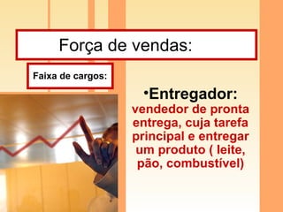 Força de vendas:  Entregador:  vendedor de pronta entrega, cuja tarefa principal e entregar um produto ( leite, pão, combustível) Faixa de cargos: 